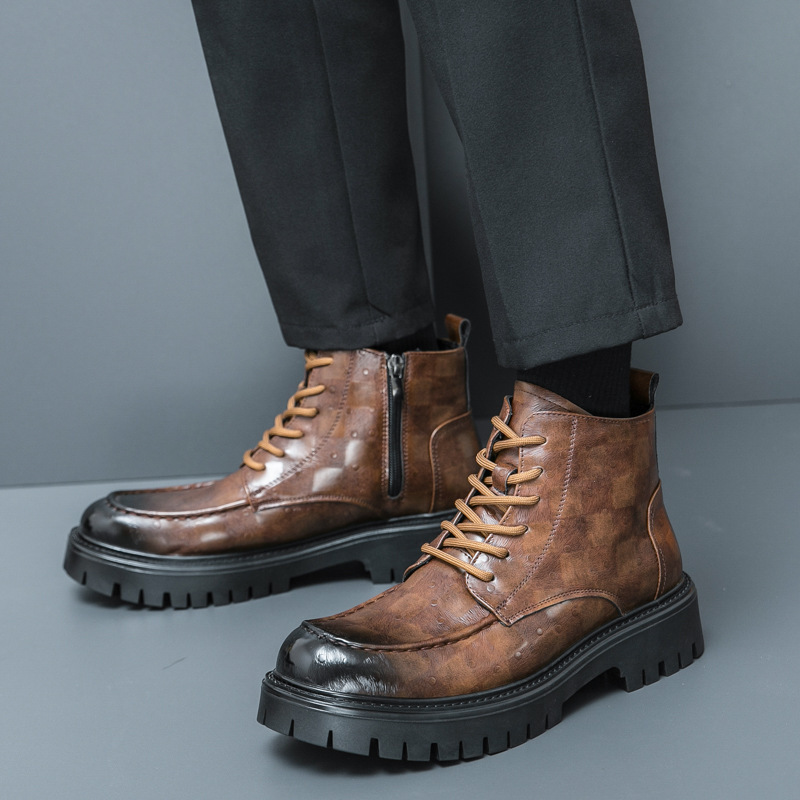 Hombre alto otoño y invierno Martin cuero de negocios redondo zapatos de cuero con cremallera botas de trabajo británicas botas