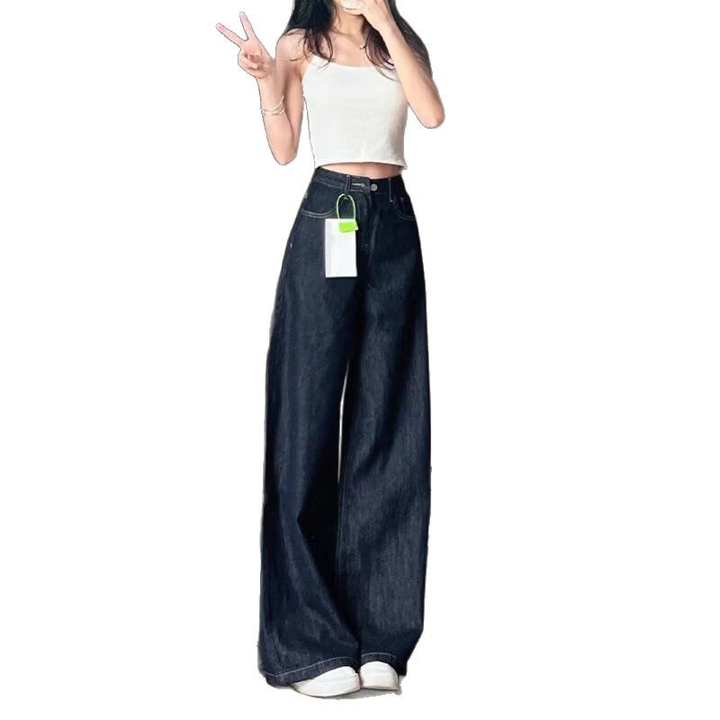 dark blue Version A Large Wide Leg Jeans Women's Spring New High Waist Loose Meat Covering Slimming Straight Leg Trousers