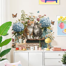 花团猫咪春天墙面玻璃贴画咖啡馆橱窗可移装饰画小轩窗花朵蝴蝶贴