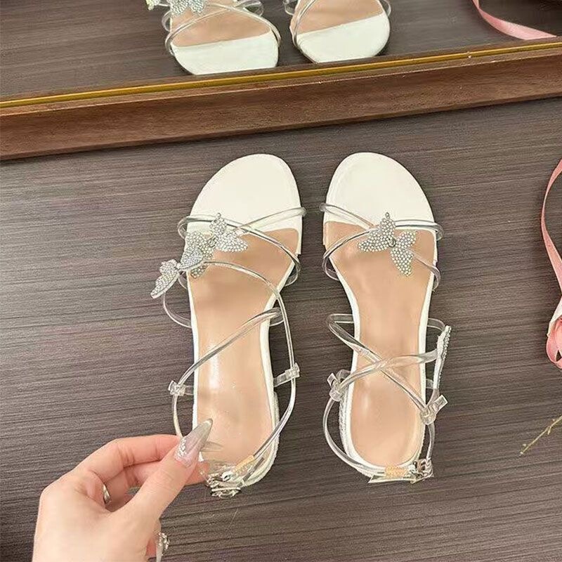 Rhinestone Butterfly Chunky Heel Gorgeous High-Heeled Sandals French Elegant Small High-Heel Sandals to Match Dresses 2026 Summer New Style Rhinestone Butterfly Chunky Heel Gorgeous High-Heeled Sandals French Elegant Small High-Heel Sandals to Match Dresses 2026 Summer New Style
