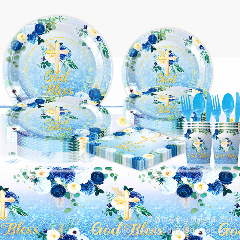 Baptism Party Supplies Blue Flower Welcoming Tableware Set Disposable Paper Plate Paper Towel Paper Cup Venue Layout Flag