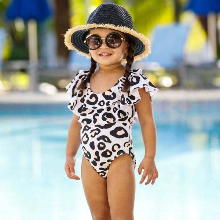 2023 verano nuevo traje de baño de las niñas estilo coreano volantes triángulo traje de baño de una pieza estilo occidental leopardo estampado traje de baño de los niños