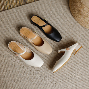 French Style Fairy Style Baotou Half Slippers 2024 New Style Genuine Leather Outwear All-Match Low Heel Sandals Gentle Mule Shoes for Women