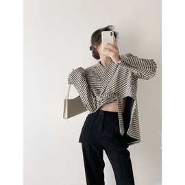 不规则设计感千鸟格法式小个子西装短外套女春秋新款露脐西服上衣