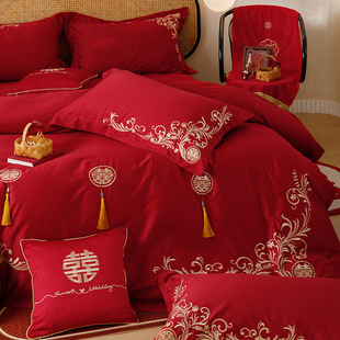 Wedding home happiness 100 long-staple cotton embroidery four-piece set pure cotton red wedding bedding wedding wedding quilt