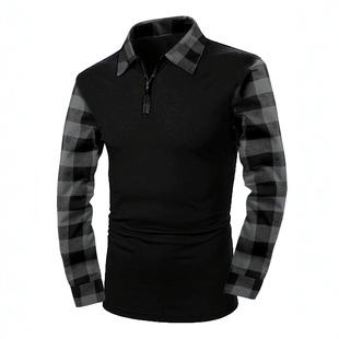 Amazon's Popular European and American Size Men's Long-Sleeved Flannel Plaid Collar Polo Shirt Half-Zip Shirt