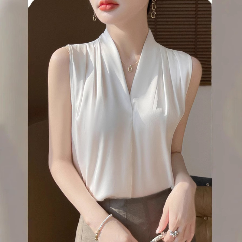 High-End Elegant Faux Acetate Satin Silk Camisole for Women, V-Neck Summer Sleeveless Mulberry Silk Shirt Inner Top