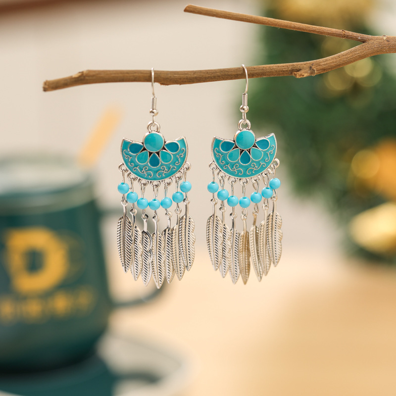 多彩半圆拼色耳坠 少数民族服装配饰 个性树叶耳环批发 黛茜饰品