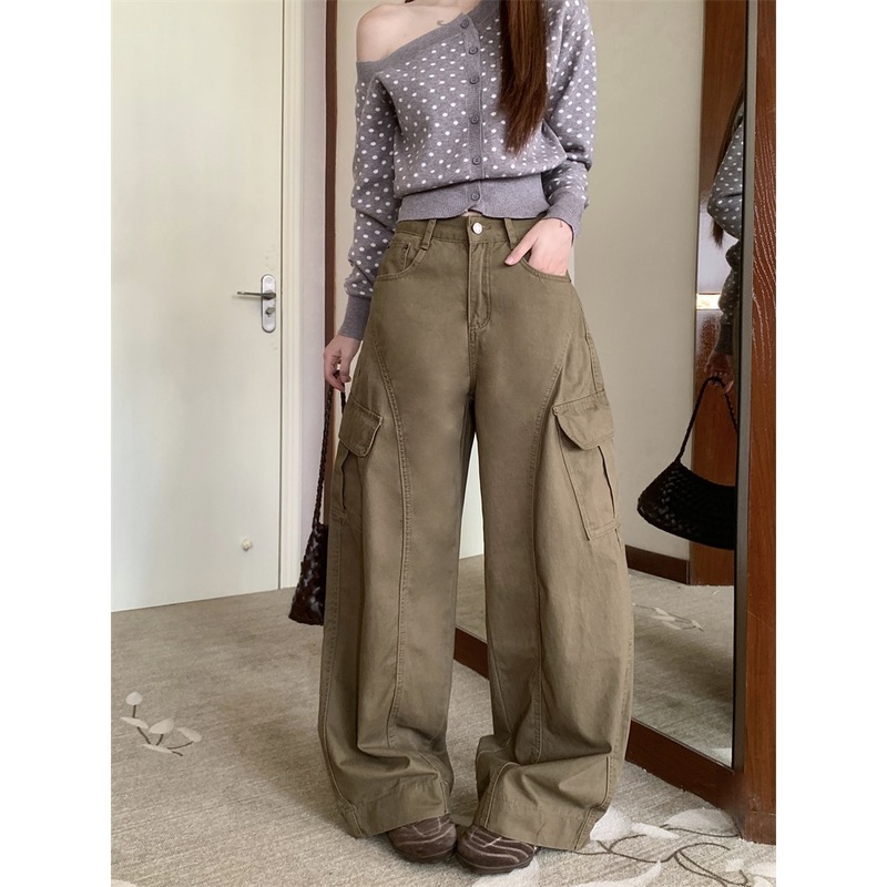 实拍~美式复古弯刀工装裤女韩版高腰宽松阔腿休闲拖地裤长裤88694|undefined
