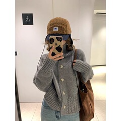 立领麻花袖毛衣女2025秋冬软糯复古港风长袖针织衫外套慵懒开衫