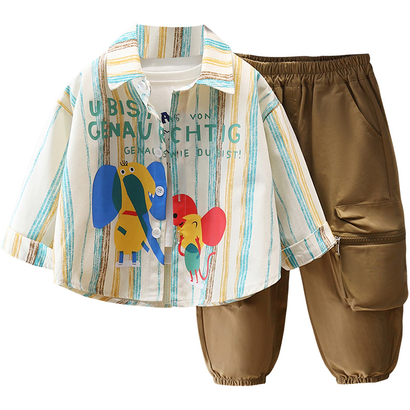 7850 traje de primavera para niños 2025 nueva camisa estampada de dibujos animados para niños de dos piezas ropa de estilo occidental de primavera y otoño
