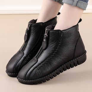 Mom's Cotton Shoes 25 Winter Cotton Boots Elderly Snow Boots Middle-Aged and Elderly Soft Leather Boots Fleece-Lined Thick-Soled Warm Flat Short Boots