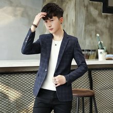 休闲西装男2022秋季新款韩版修身格子小西服青年潮流帅气单西外套