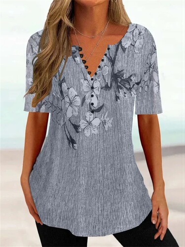 【Cross-border European and American Women's Fashion Amazon  Summer Loose V-neck Short-sleeve Pleated Button-down Shirt】