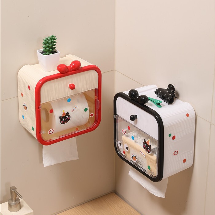 Wall-Mounted Punch-Free Tissue Box, Creative and Cute Bathroom Tissue Holder, Storage Rack, High Aesthetic Value for Home Use
