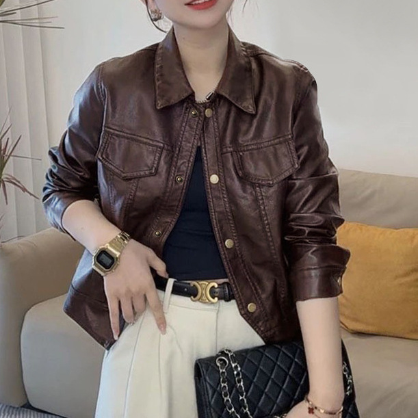 复古上衣翻领港风秋冬新款皮衣女夹克外套黑色其他|undefined