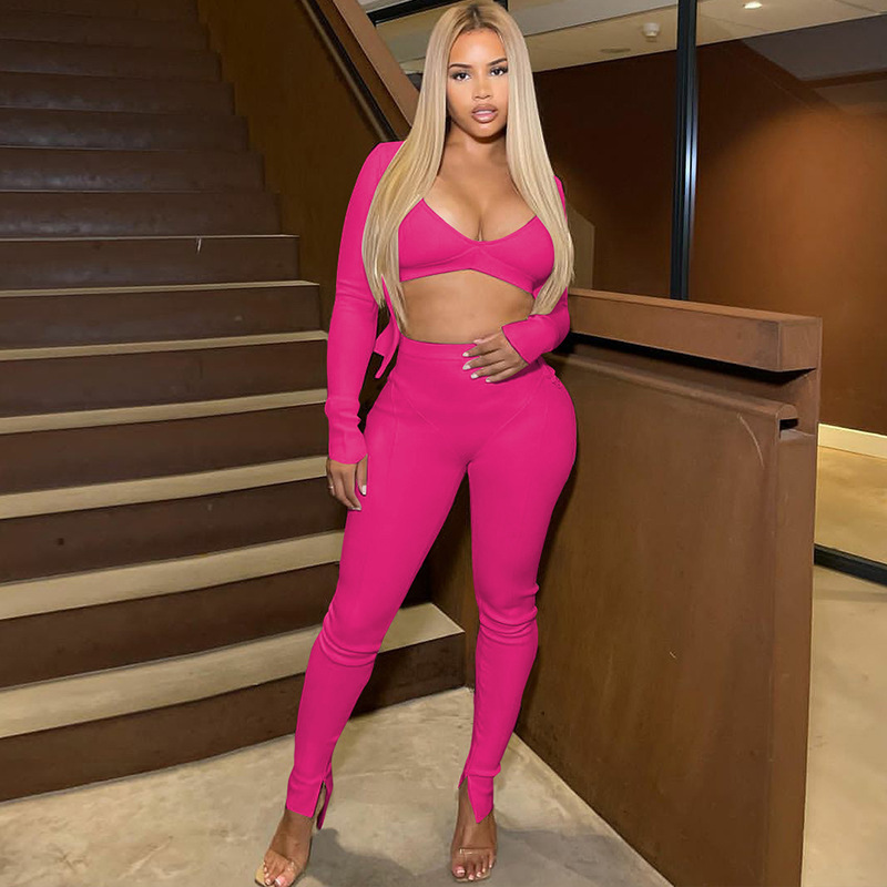 2024 Spring New Outsider Street Shooting Sleeves Solid Color Decoration Tight Sexy Spicy Girl Three Piece Set Women's_voghion.com
