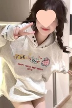 美式猫咪印花国潮纽扣连帽卫衣女秋冬新款宽松设计感小众上衣