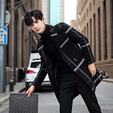 格子中长款风衣男士毛呢外套呢子修身大衣网红秋冬过膝披风潮