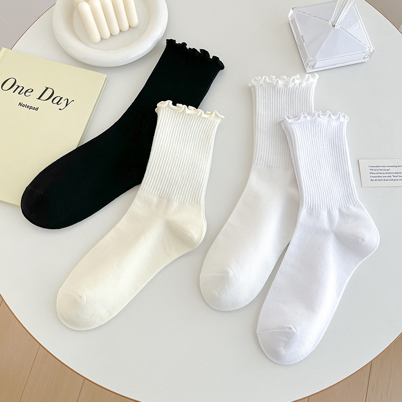 Lace Fungus Socks White Vertical Stripess New Spring and Summer Mid-Calf Socks Simple Trendyy Versatile Curled Edge Jk Pile Socks