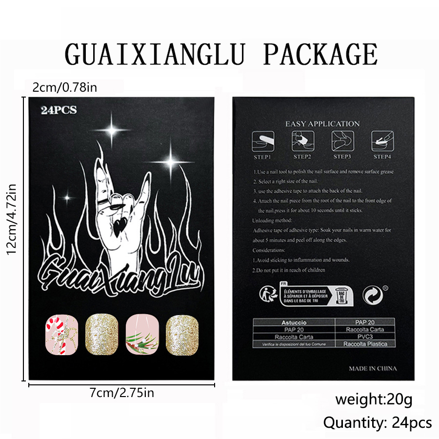 Kurze glänzende quadratische Nägel 2024 neue Weihnachts-Nagelkunst Weihnachtszweige und -blätter rote und weiße Stöcke Glitzer-Nagelkunststücke 24 Stück_voghion.com