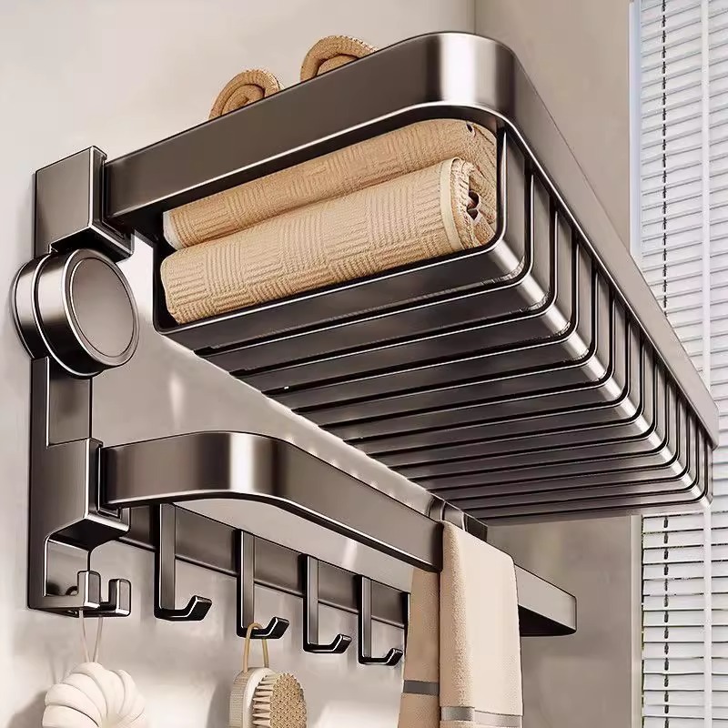 Arma de ceniza de baño ventosa toalla rack sin agujeros de baño estante de artículos doble capa plegable barra colgante de barra de toalla barra