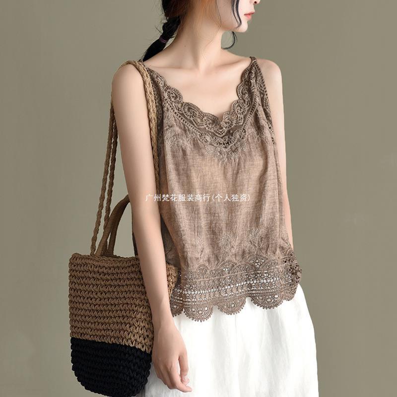 Spring and Summer Cross-border Vacation New Cotton and Linen Vest with Bottoming Women's Cut Out Embroider Sling Loose Sleeveless Top