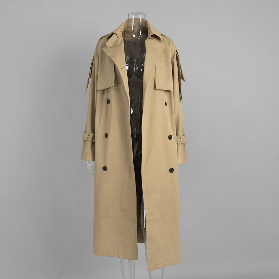 Áo khoác trench coat nữ dáng dài phong cách Âu Mỹ, chất liệu cotton, form rộng có dây thắt eo — Màu kaki, màu xám chi tiết 11