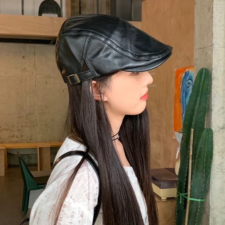 港风复古好品质pu皮质前进帽女秋冬大头围显脸小鸭嘴帽英伦老爹帽|undefined