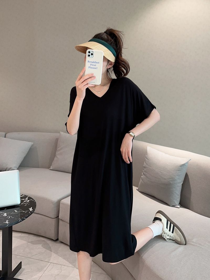 Short-Sleeved Dress for Women, New Summer Women's Outer Wear, Modal Bottoming, Over-The-Knee, Fashionable Long Skirt, Spring