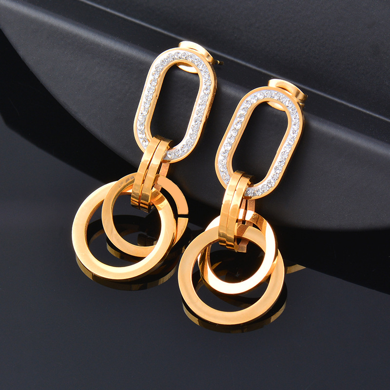 Fashion Geometric Titanium Steel Gold Plated Rhinestones Earrings 1 Pair