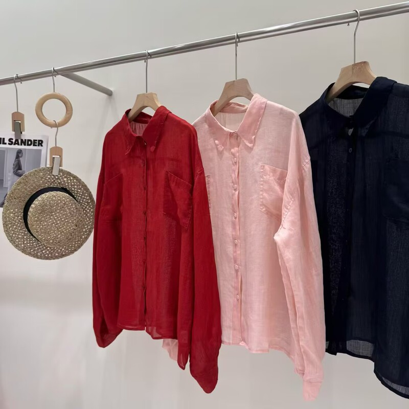 2026 Summer Old Money Style Ramie Double-Stitched Turn-Down Collar Long-Sleeve Shirt for Women, Double-Pocket Breathable Cardigan Versatile Top