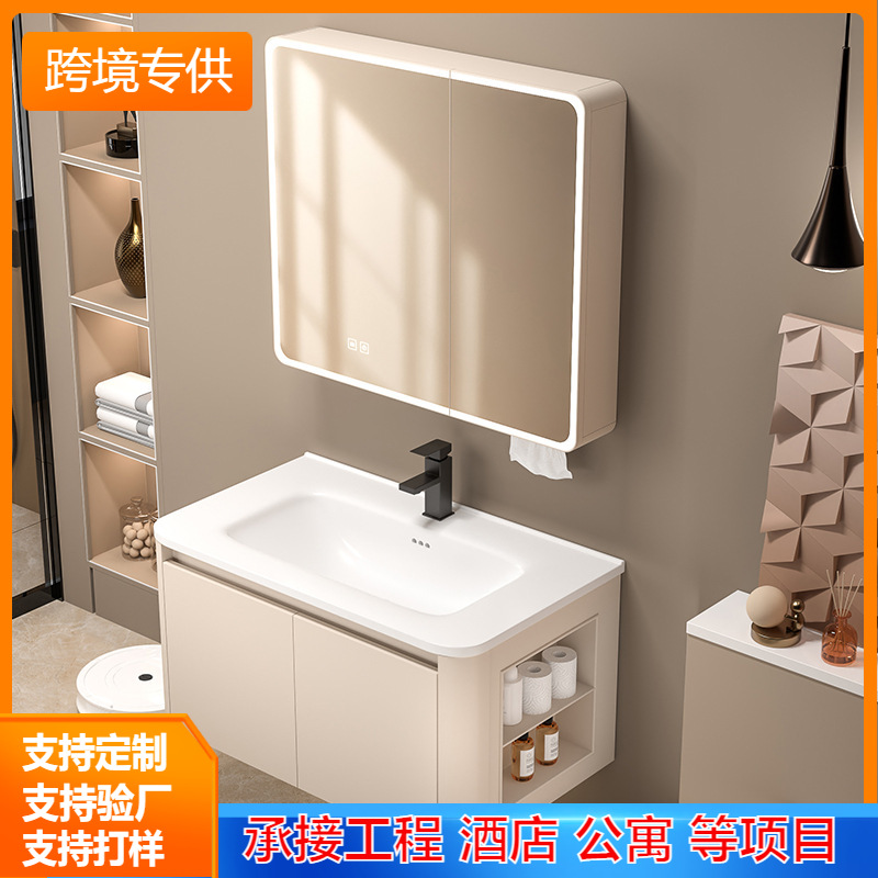 Side Storage Space Aluminum Bathroom Cabinet Small Bathroom Wash Basin Bathroom Cabinet Washstand Integrated Ceramic Basin