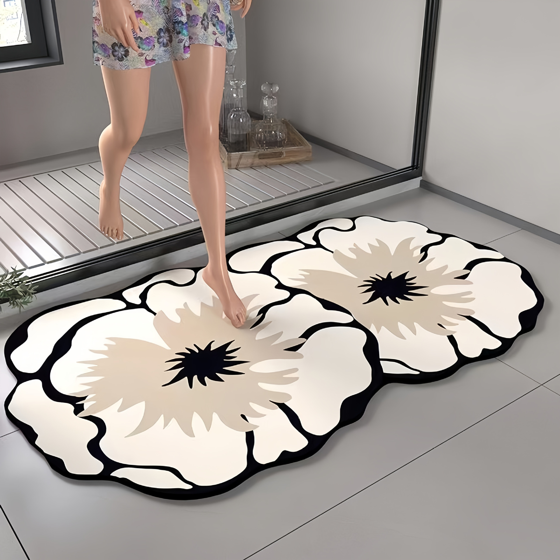 French Floral Diatom Mud Floor Mat for Shower Room and Toilet, Stain-Resistant, Easy to Care For, Quick-Drying Mat, Water-Absorbent, Non-Slip Bathroom Floor Mat