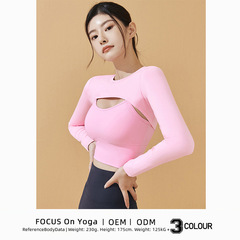 新款長袖瑜伽服女鏤空性感跑步運動緊身上衣套裝帶胸墊背心兩件套