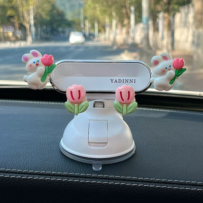 type 2025 new cartoon cute | Car phone holder - rabbit-hug-tulip-white-mirror-stand-instrument-panel-air-outlet-dual-use