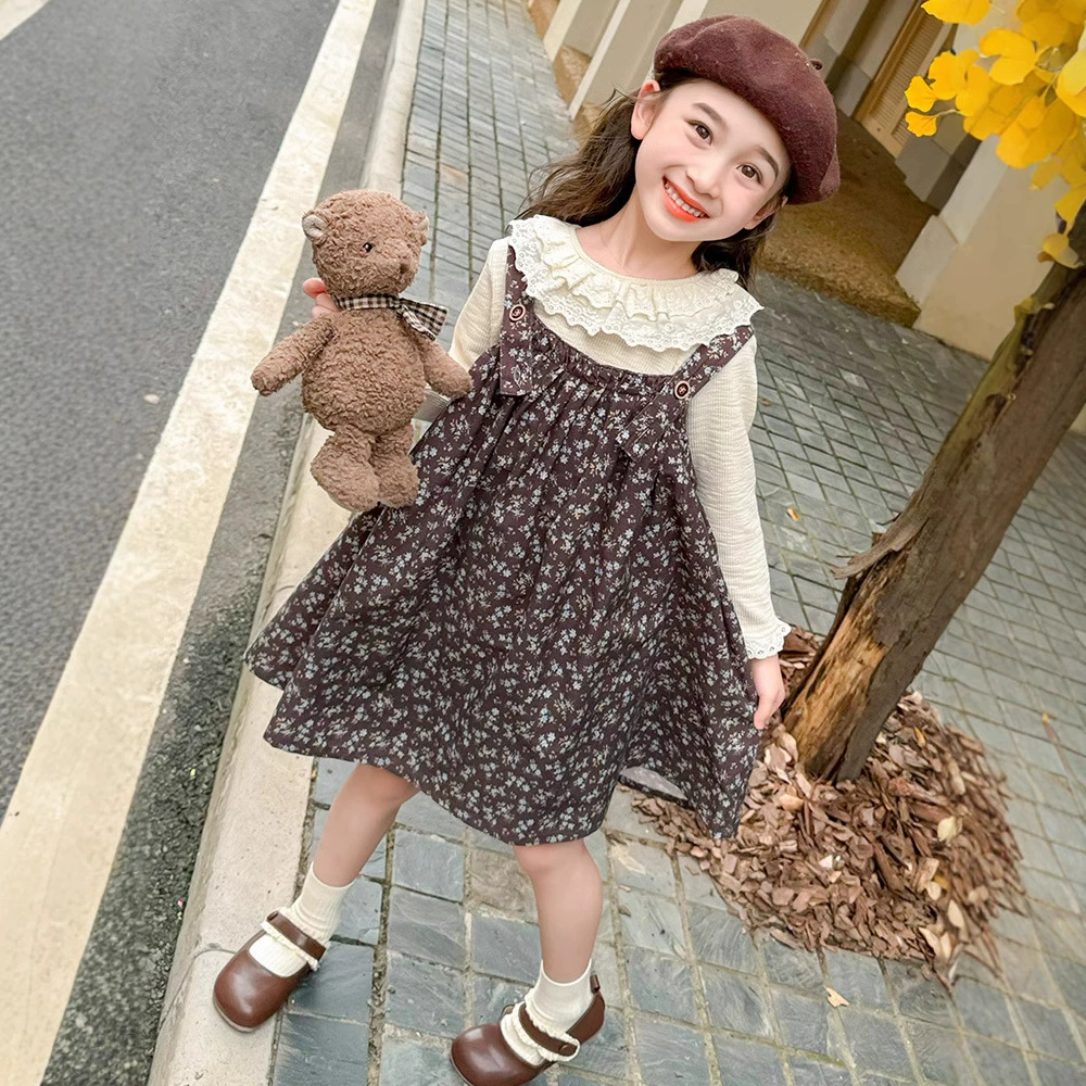 Set, dress, fashionable long-sleeve, autumn, flowered, western style, children's clothing
