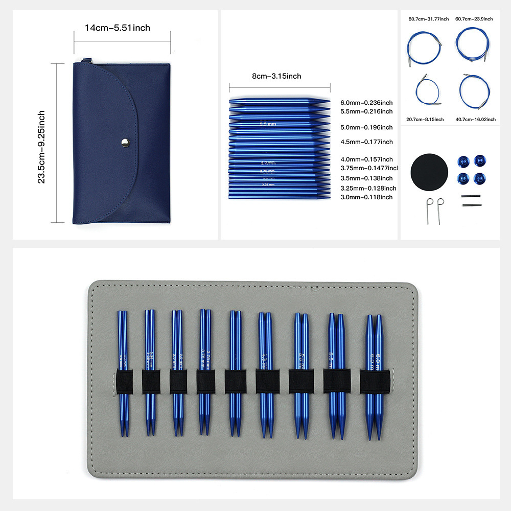 Agujas de suéter transfronterizas azules de óxido de aluminio desmontables set de aguja de anillo largo 8CM un set de 9 tarjetas de pago