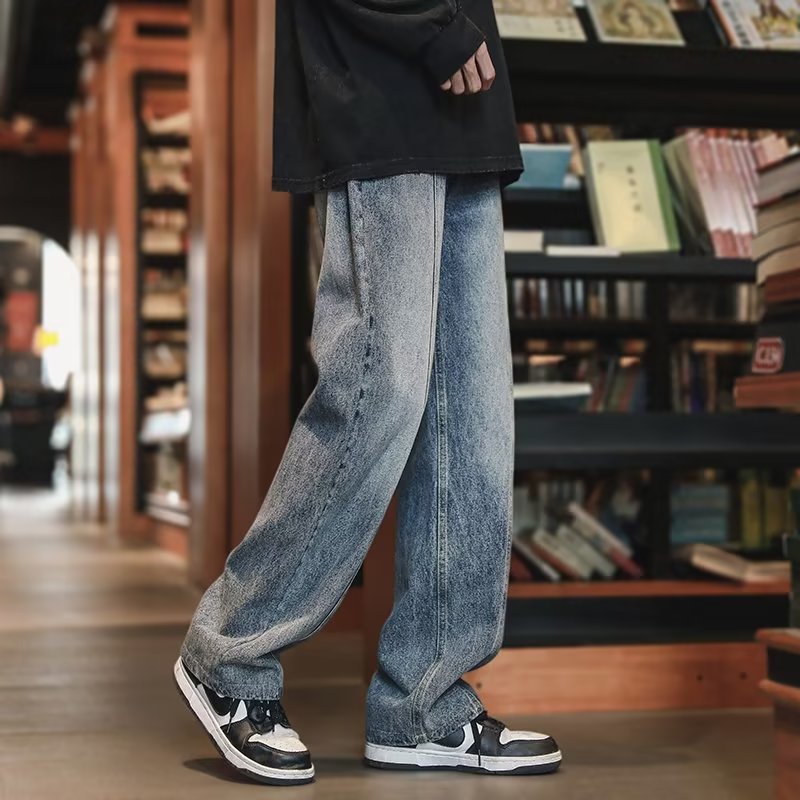 American High Street Jeans para hombre otoño nuevo estilo suelto casual pantalones de pierna recta pie cremallera pantalones de diseño sin bordes