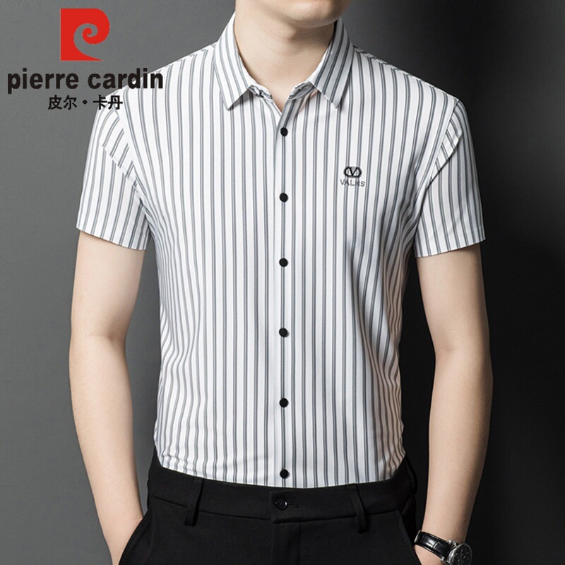 Pierre Cardin's New Sexy Mulberry Silk Shirt Men's Popular Short-Sleeved Stripesd Middle-Aged Casual Ice Silk No-Iron Shirt