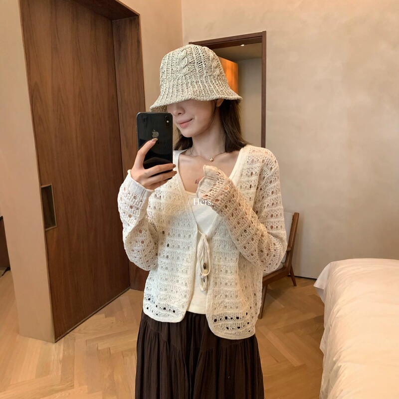 Hers Sweet Summer Korean Style Simple Hollow Out V-Neck Beaded Tie Sun Protection Knitted Cardigan Women's Clothing 08213 Hers Sweet Summer Korean Style Simple Hollow Out V-Neck Beaded Tie Sun Protection Knitted Cardigan Women's Clothing 08213