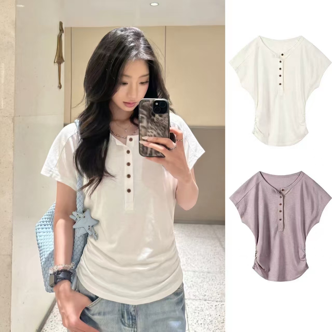 Korean-style plus-size bat-sleeve henley collar short-sleeve women's summer top with ruched waist, slimming and breathable lazy cotton shirt