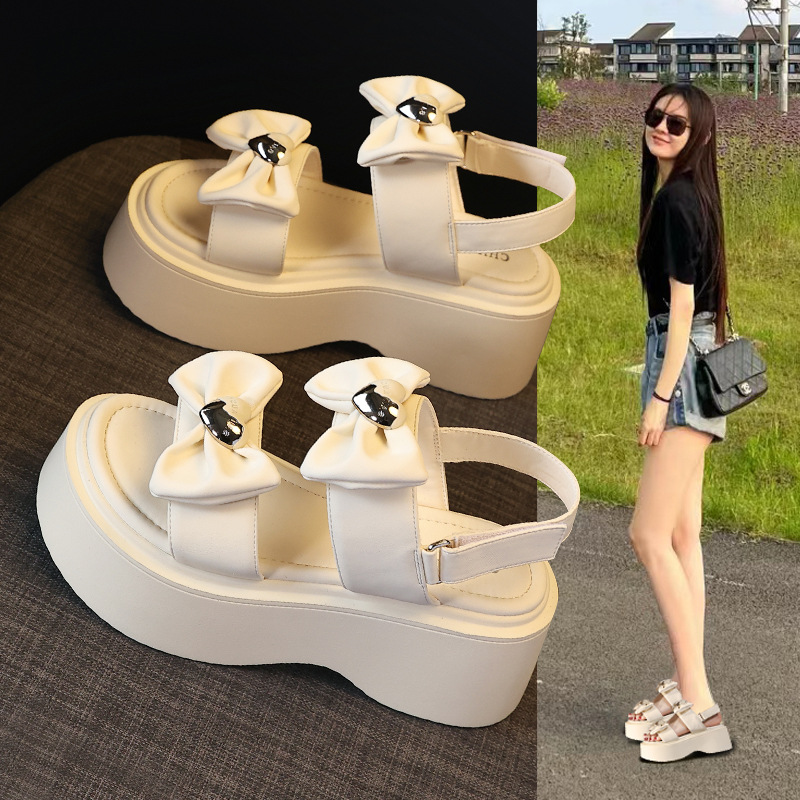 Sandal đế dày tăng chiều cao nữ phong cách La Mã đính nơ mùa hè 2025 — Màu be, Màu đen