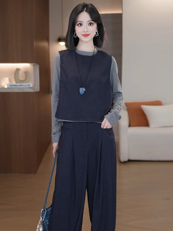 时尚休闲套装女2025秋季新款气质显瘦马甲长袖打底衫阔腿裤三件套|undefined