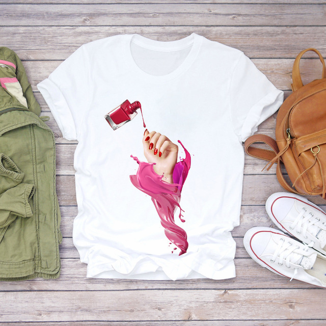 lipstick and nail polish printing short-sleeved T-shirt NSATE61245