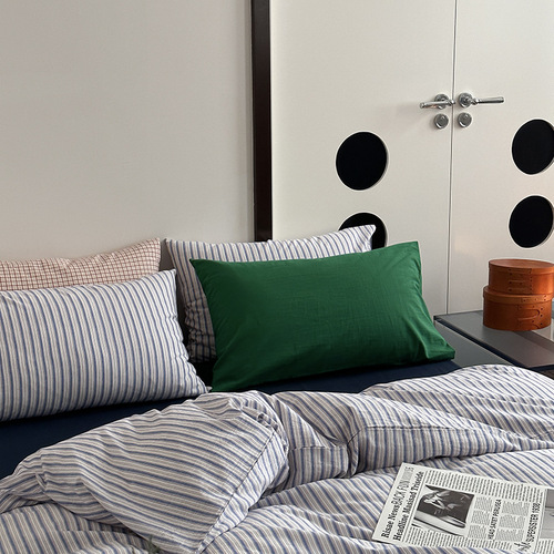 Ins minimalist pure cotton washed cotton striped green bed set 100% cotton 1.5m 1.8m apartment duvet cover set of three