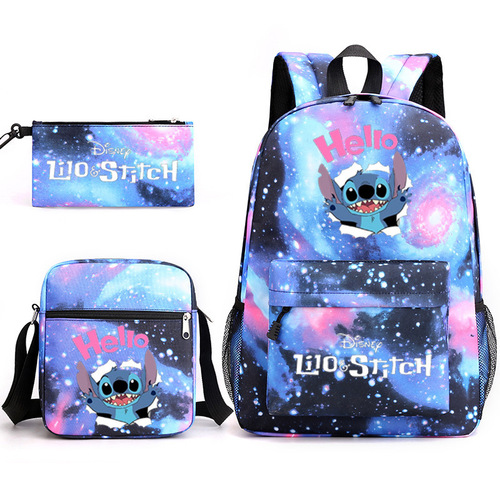 Interstellar Baby Stitchy Backpack, Single Strap Bag + Pencil Case, Black Student Backpack Set of Three