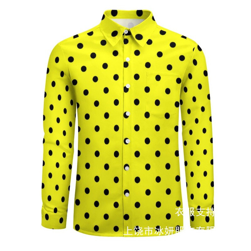 Customized New Hawaiian Beach Shirts for Cross-Border Trade, Men's Long-Sleeve Digital Print Shirts with Polka Dots