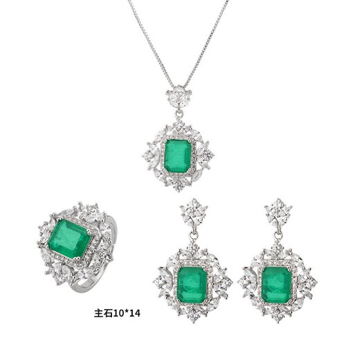 Zhuang Shengsheng Jewelry Foreign Trade Simulation Emerald Gemstone Retro Earrings Rings Pendant Gift Set 10*14 
