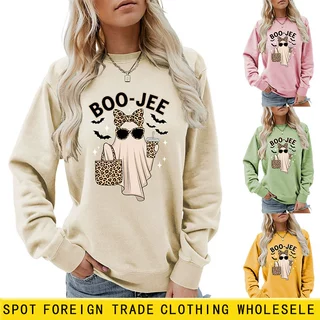 亚马逊可爱趣味女士秋冬时尚boo jee豹纹幽灵蝙蝠独立站长袖卫衣